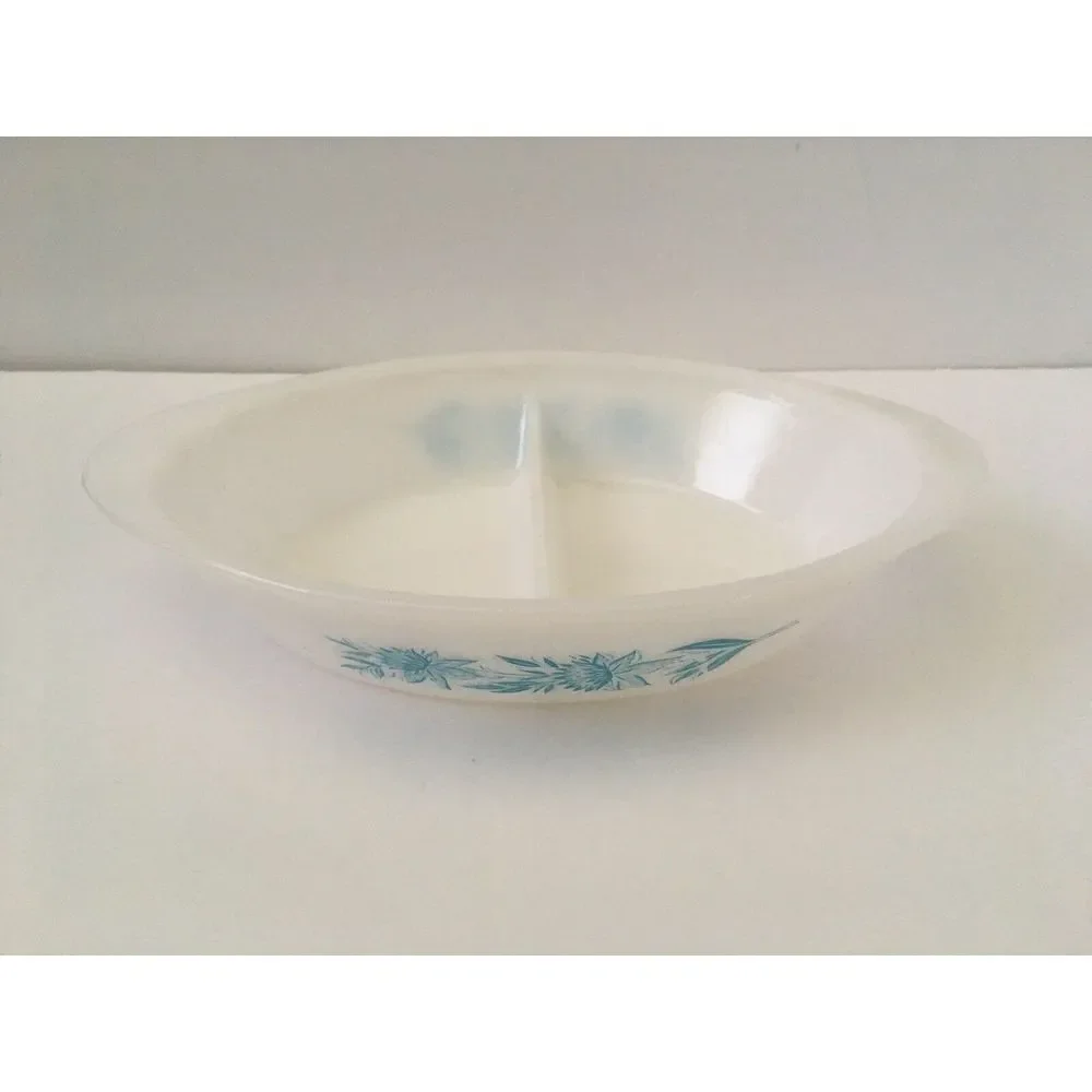 Glasbake Divided Baking Dish Serving Bowl Aqua Blue Thistle Jeanette Milk Glass
